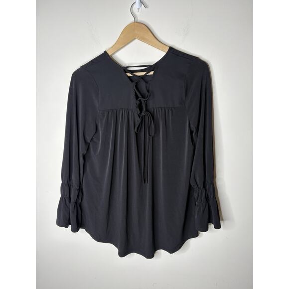 Chicos Size 1 US M Blouse Black Long Sleeve Ruffle Bell Tie Back Detail Shirt - Picture 3 of 9